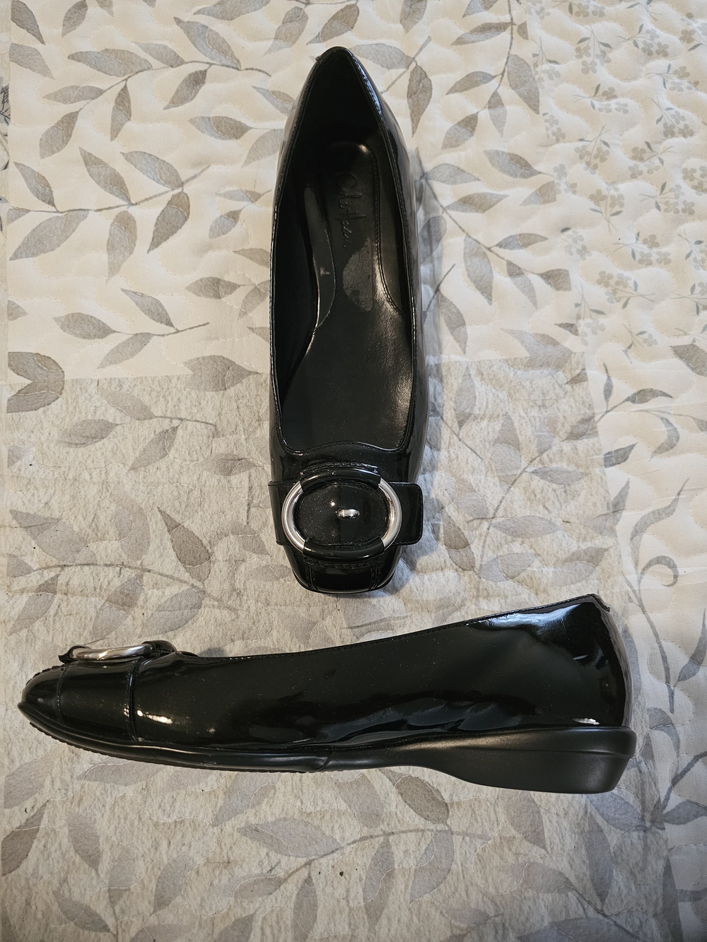 Black Patent Women's Ballet Flats with Silver Buckle
